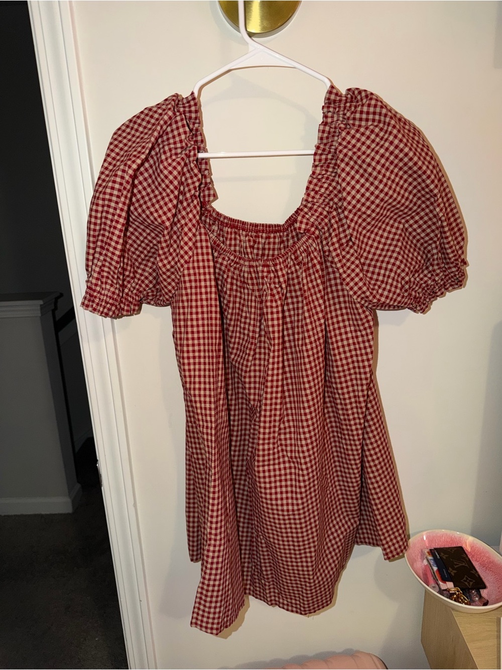 Red Gingham Puff-Sleeve Peasant Top with Ribbon Detail - Picture 2 of 2
